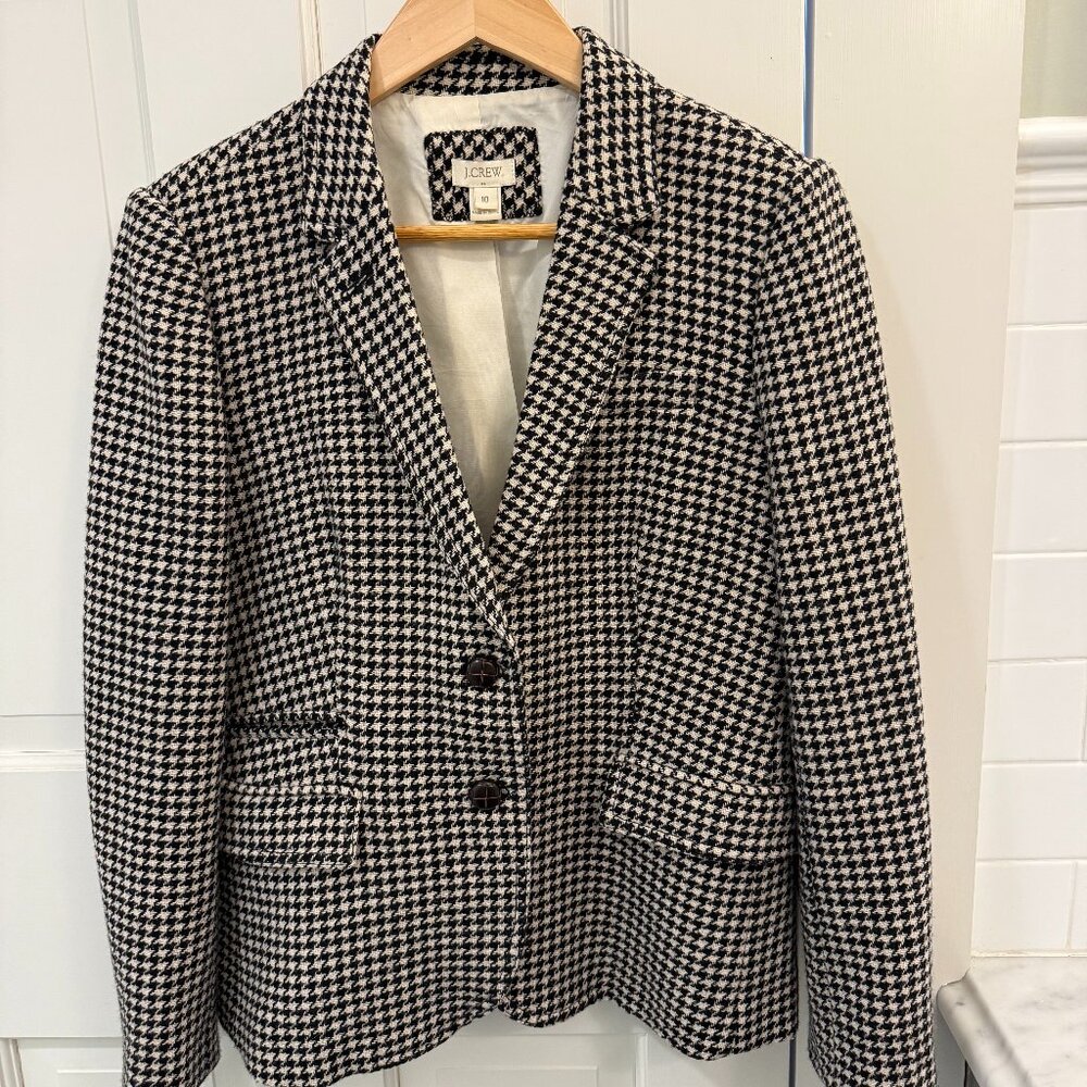J. Crew Black White Houndstooth Blazer Jacket Tailored Office Classic Wool Sz 10
